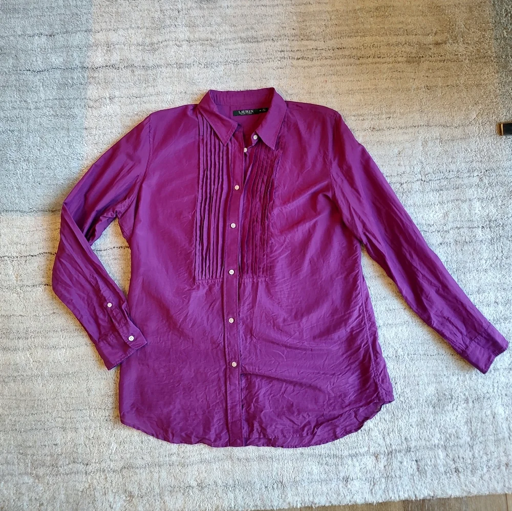 Lauren Ralph Lauren Magenta Pintuck Cotton Silk Blend Button Down Size 16 - Picture 4 of 9